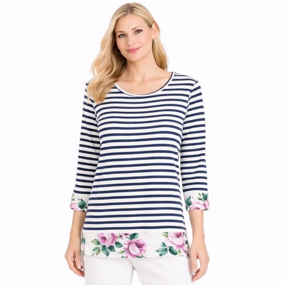 Staccato Navy White Stripe Floral Hem 3/4 Sleeve Top Size M